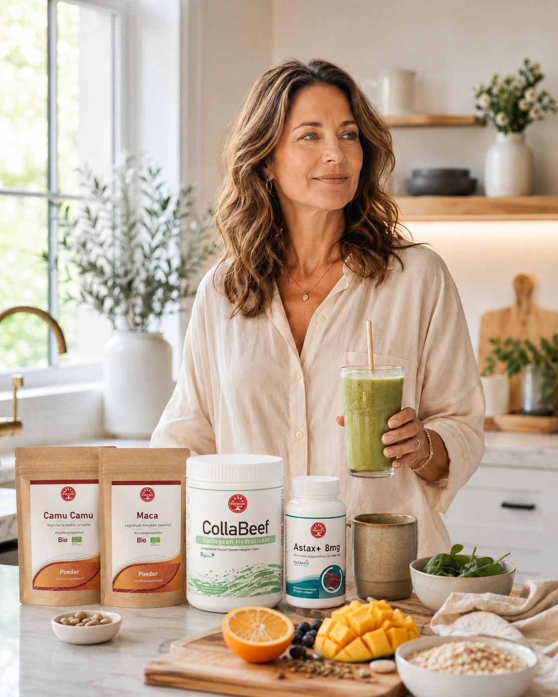 Vrouw van rond de 45 in een lichte keuken met smoothie en supplementenroutine