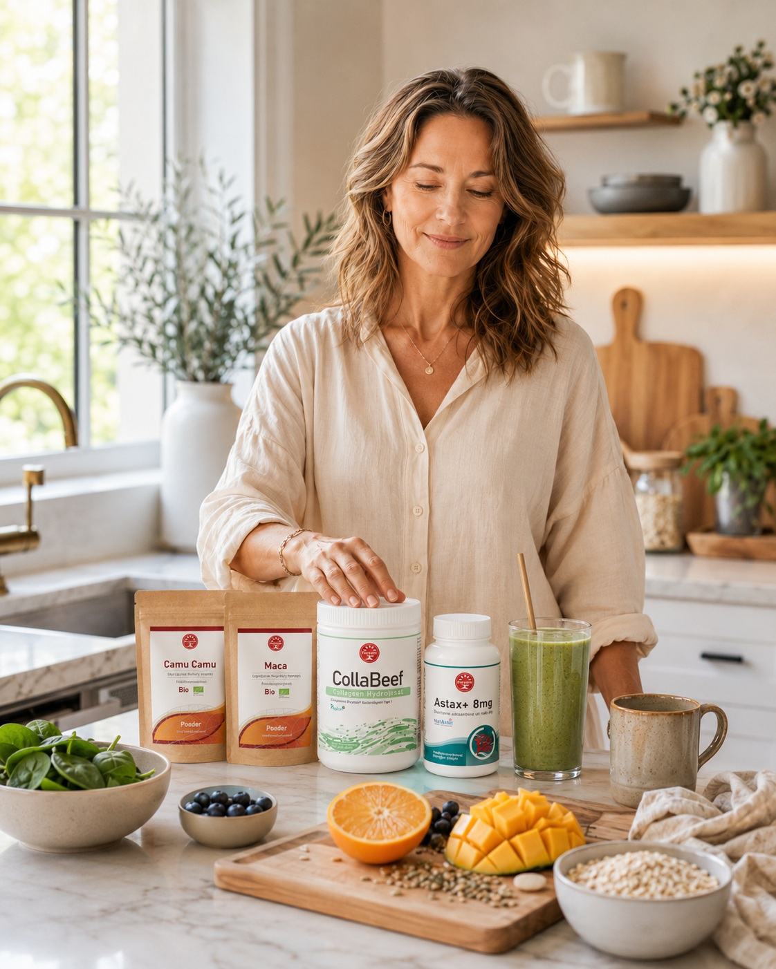 Rustige dagelijkse routine met smoothie, koffie en supplementen op een lichte keukentafel